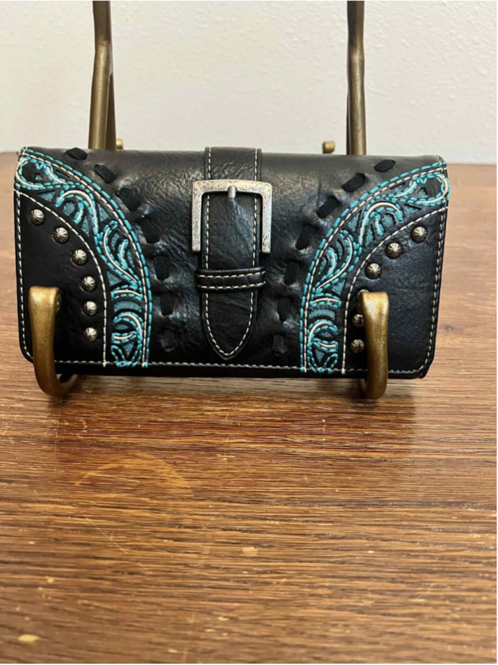 Montana West Wallet NWT Black Turquoise Buckle Western Style Studded Faux MW1132